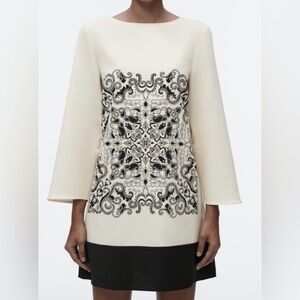 Zara Printed Bell Sleeve Relaxed Fit Mini Dress in Black & White Size XL